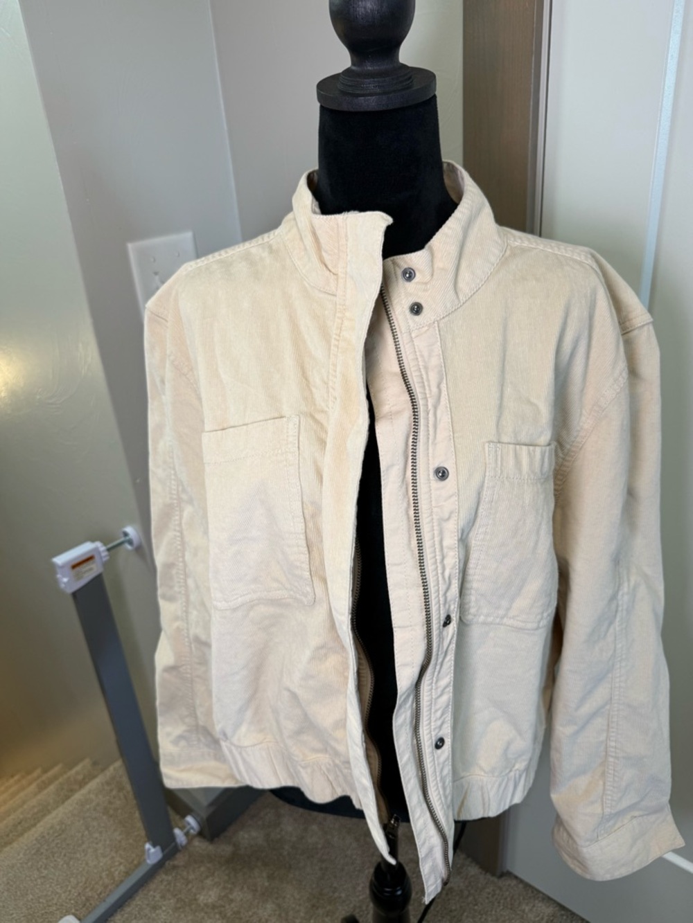 PACT Women Modern Corduroy Ribbed Bomber Jacket In Sandshell Beige Cream Size XL